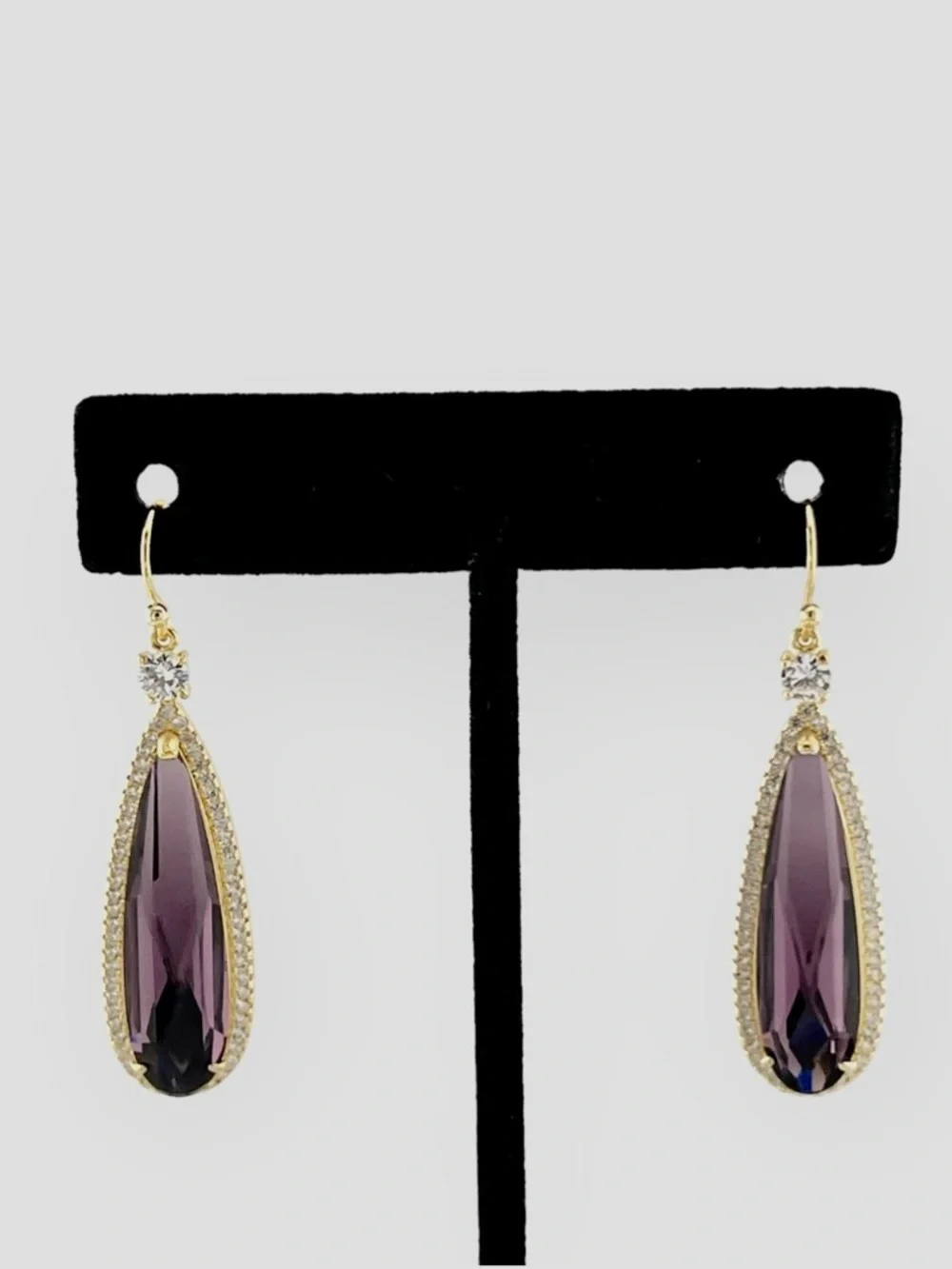 Swarovski Crystal Purple Halo Drop Earrings Gold Overlay